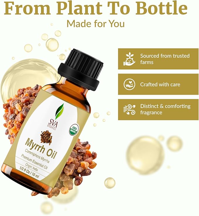 SVA Myrrh Essential Oil Organic – 1/3 Fl Oz – 100% Natural Organic Myrrh Oil - for Diffuser, Hair Care, Face, Skin Care, Aromatherapy, Scalp and Body Massage, Soap and Candle Making - Bloomnest