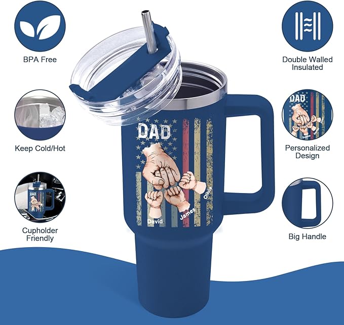 Custom Dad Tumbler with Kids Names, Personalized 40 Oz Tumbler with Handle and Straw, Personalized Birthday Gifts for Dad Husband - Bloomnest