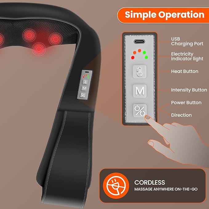 AMZPONY® Cordless Neck Massager for Pain Relief Deep Tissue, Rechargeable Shiatsu Neck and Back Massager with Heat Kneading Shoulder Massage for Body Muscle Pain Relief,Gifts for Dad Mom Friends - Bloomnest