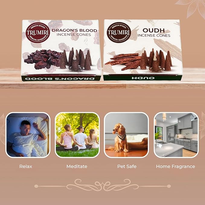 TRUMIRI Incense Cones - Combo Pack of 20 Cone Incense - 10 Dragons Blood + 10 Oud - Insence Cones - Incense Cones Scented - Cone Incense Scents - Insense Cones - Incent Cone TRUMIRI