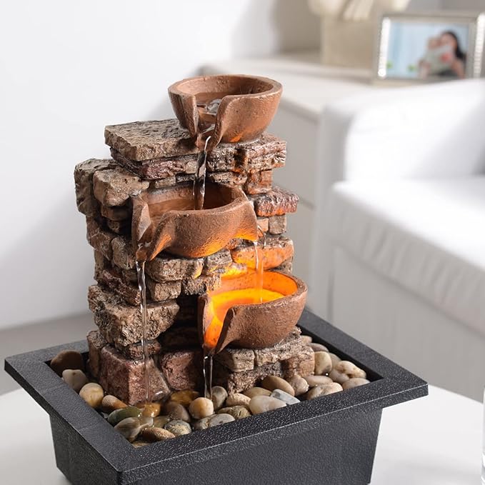Indoor Tabletop Fountain 3-Tier Rockery Relaxation, Soothing Sound Home/Office/Bed Room Decor,Gifts for Mom/Grandma Relaxing Waterfall Meditation Tabletop Fountain LED Lights - Bloomnest