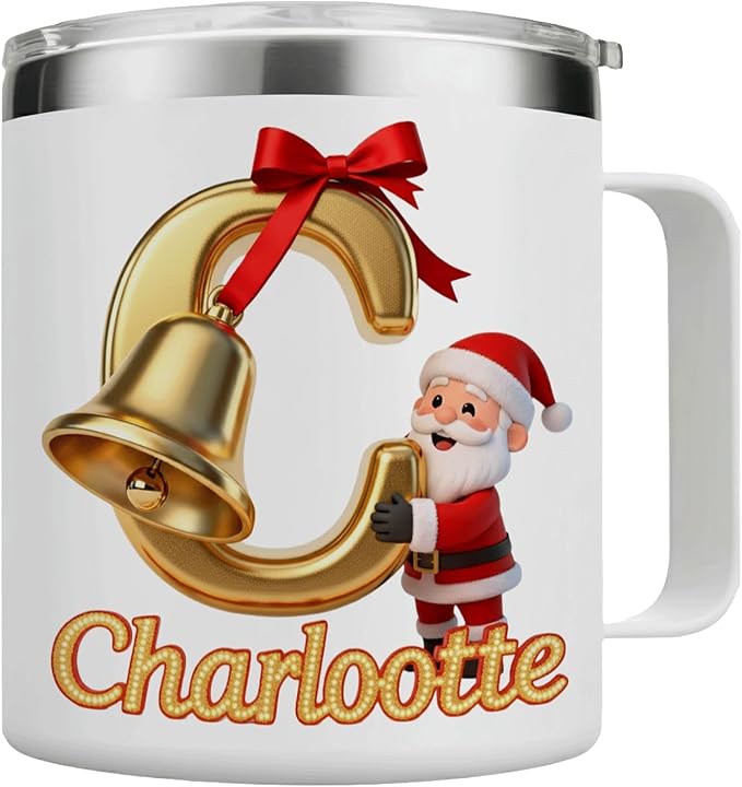 Personalized Christmas Mug | Custom Golden Bell Initial Insulated Coffee Cup with Handle & Lid | 12oz Holiday Tumbler, Cute Santa Gift for Kids & Family (B33) - Bloomnest