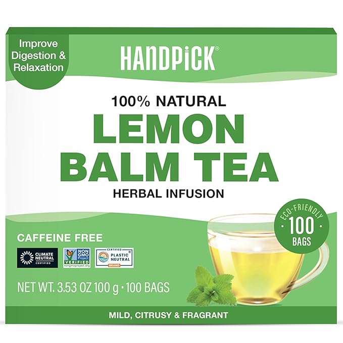 HANDPICK Lemon Balm Tea Bags – 100 Count | 100% Pure & Naturally Dried | Caffeine-Free Herbal Tea with Citrus Flavor & Aroma | Premium Lemon Balm Leaf for Calming and Digestion Support - Bloomnest