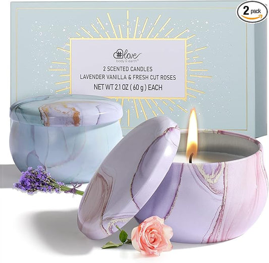 2-Pack Soy Candles Gift Set - Lavender, Vanilla, Rose Scents in Portable Tin Jars - for Home, Travel, Spa - Bloomnest