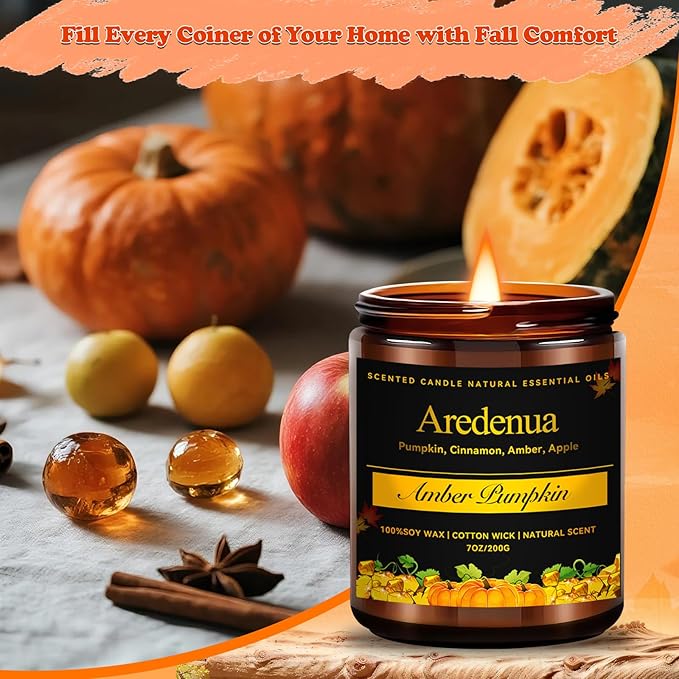 Amber Pumpkin Candle | Fall Pumpkin Candles - Scented Candle for Autumn, 7oz Soy Candles for Home Scented, 50 Hours Burn Time, Harvest Holiday/Winter/Thanksgiving Christmas Gifts for Women Men - Bloomnest