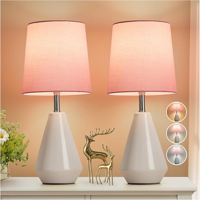 Small Bedside Table Lamp for Bedroom-Reading Desk Lamp Set of 2,with 3 Color Temperatures,15.5" Nightstand Ceramic Lamp with Fabric Shade for Kids Room,Living Room,Dorm,Home Office - Bloomnest