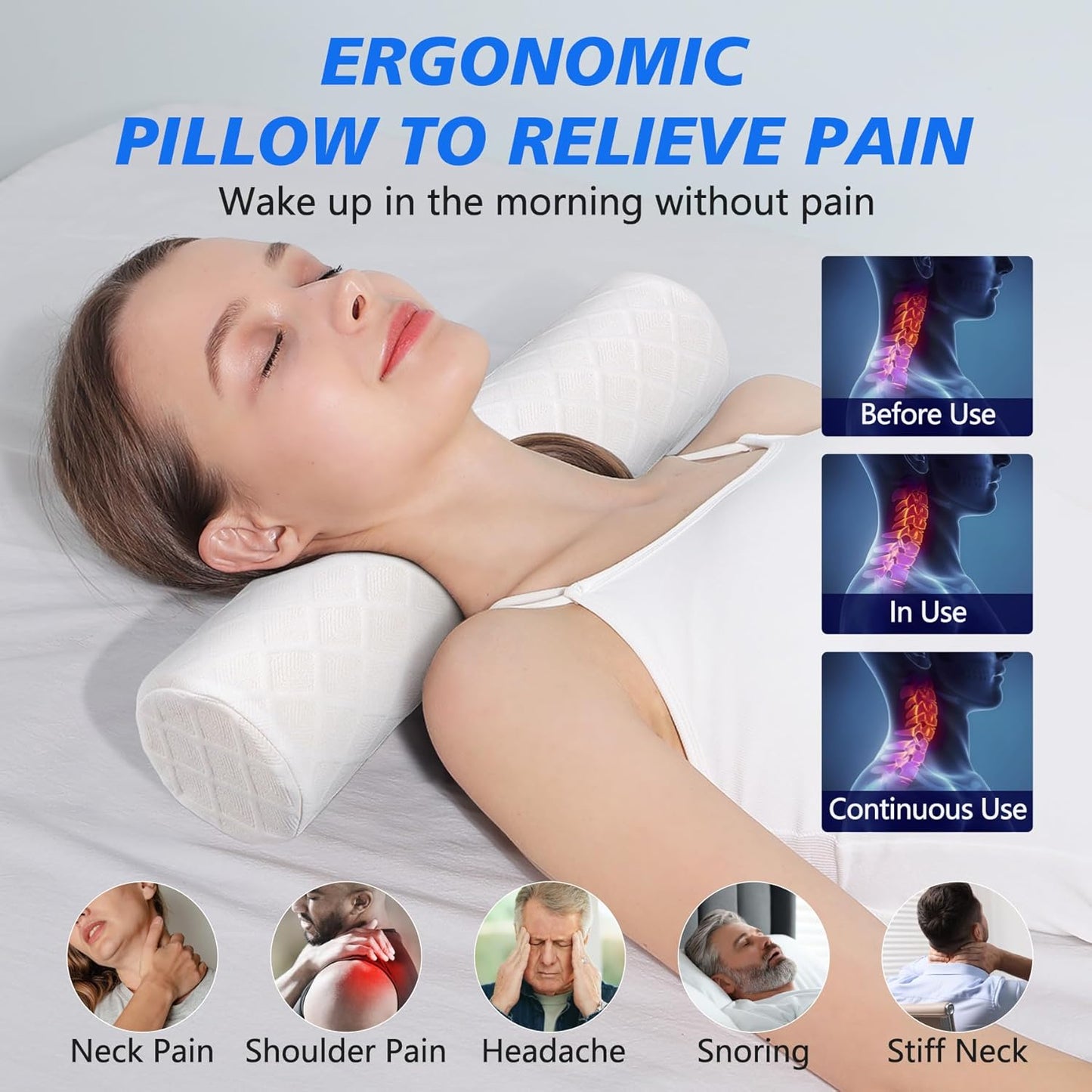 Cozyhealth Cervical Roll Pillow, Medium Soft Memory Foam Neck Round Pillow Cylinder Bolster Pillow for Sleeping, Round Neck Support for Bed, Legs, Back and Yoga (White, Large - 4.7" H)