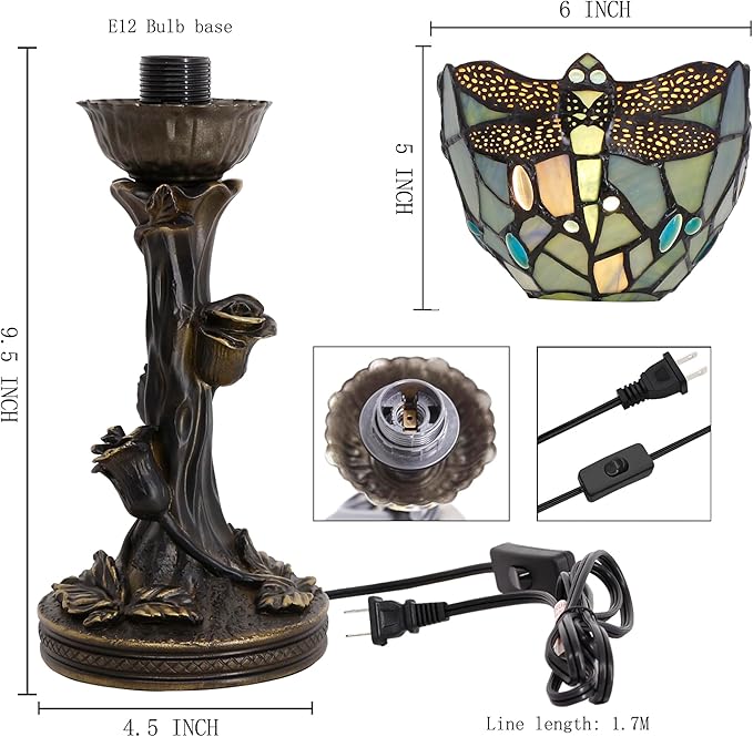 Small Tiffany Lamp Mini Stained Glass Table Lamp Blue Dragonfly Accent Desk Uplight W6 H13.5 Inch Bronze Resin Base - Bloomnest