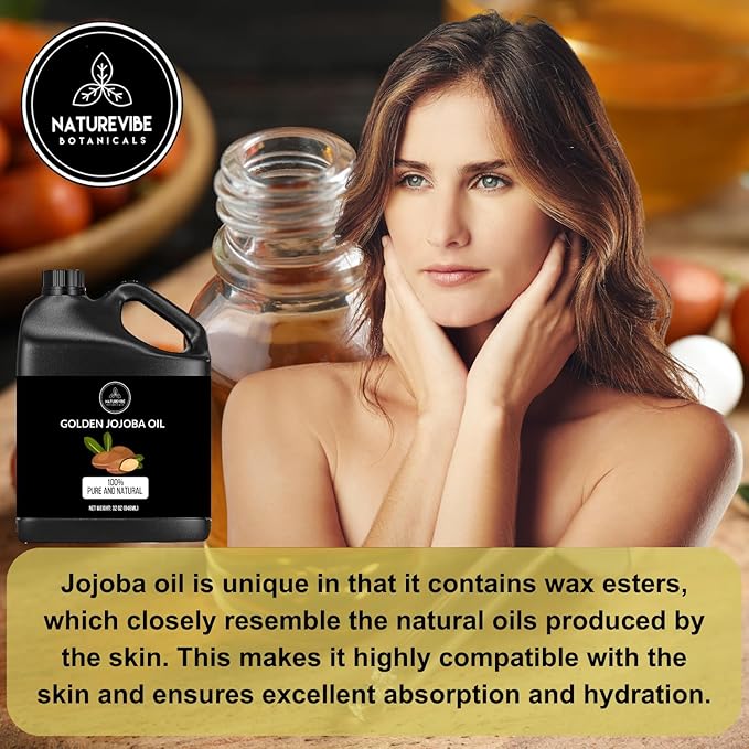 Naturevibe Botanicals Golden Jojoba Oil 32 oz – 100% Pure, Cold-Pressed Moisturizer for Skin & Hair | Antioxidant-Rich, Non-Greasy, Carrier Oil & Daily Hydration - Bloomnest