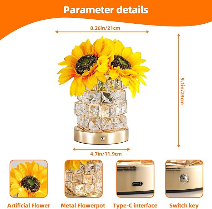 Birthday Gifts for Women,Sunflower Flower Touch Lamp,Rechargeable Cordless 3-Colour Dimming Small Night Light for Festival,Restaurant,Bedroom Housewarming Gifts for Mom - Bloomnest