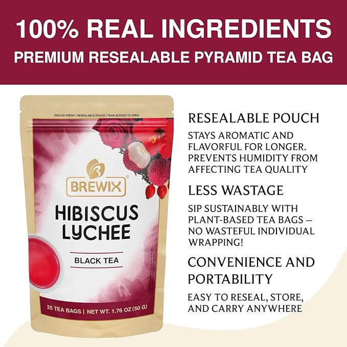 BREWIX, Hibiscus Lychee Tea Bags (25 Plant Based Tea Bags) Caffeine-Free, Made with Real - Hibiscus Flowers, Black Tea, Rosehip, Apple, Licorice, Rose | Contains Antioxidants & Support Overall Health - Bloomnest