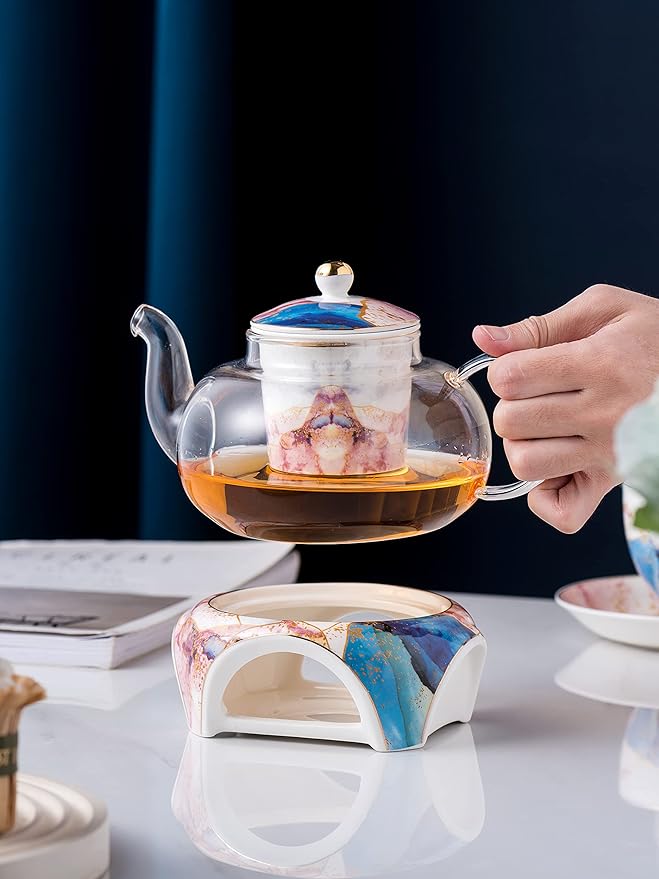 Jusalpha Fine China Rainbow Galaxy Series Glass Tea Pot with Infuser-Teapot Warmer Teacup and Saucer Set with Spoon in Gift Box- 16 pcs in 1 set, (FD Glass pot set 08) - Bloomnest