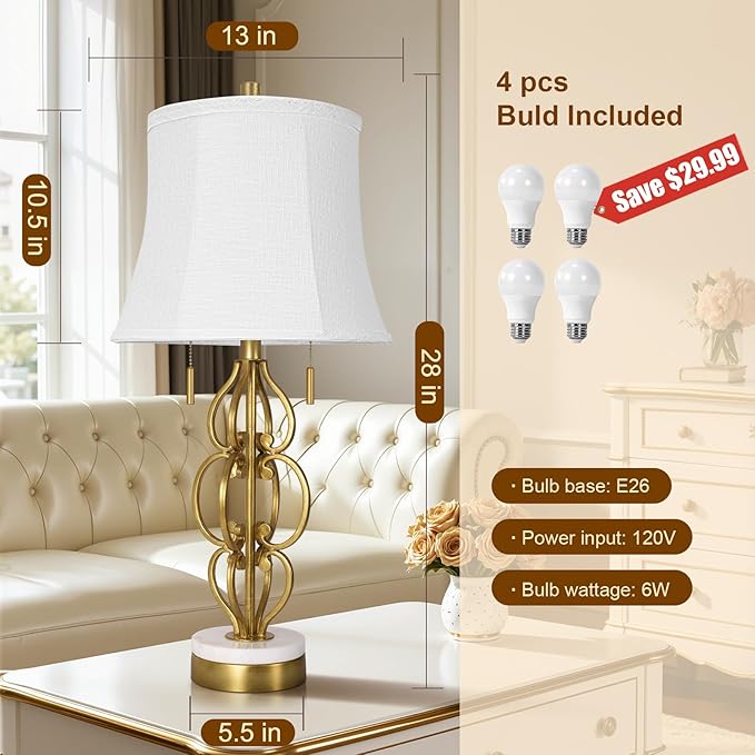 Scenekoy Table Lamp Set of 2 with USB Ports, Pull Chains Switch, 28” Gold Leaf Curved Iron Art Bedside Lamps with Linen Shade for Living Room Bedroom, Nightstand Lamps for Home Room Decor - Bloomnest