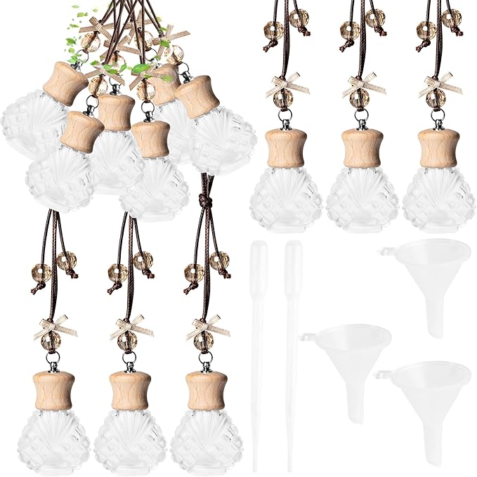 6 Pack Leak-Proof Hanging Car Diffuser - 8ml Refillable Empty Bottles with Wood Caps, 3 Funnels & 2 Droppers - Essential Oil Air Freshener for Car, Home or Office (6, Seashell) - Bloomnest