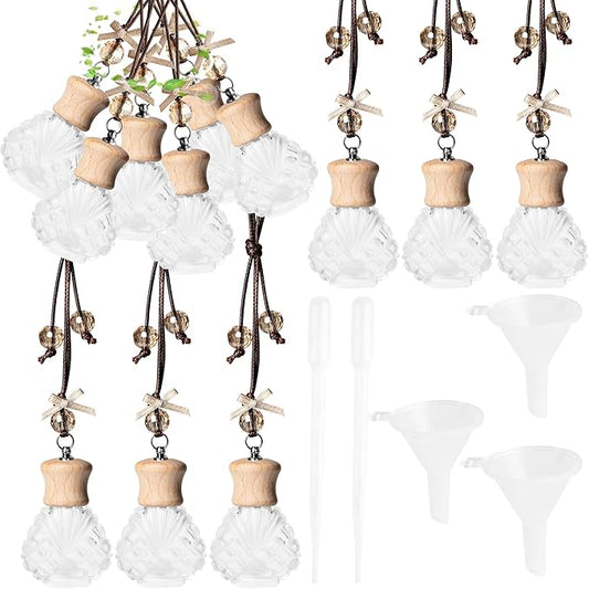 6 Pack Leak-Proof Hanging Car Diffuser - 8ml Refillable Empty Bottles with Wood Caps, 3 Funnels & 2 Droppers - Essential Oil Air Freshener for Car, Home or Office (6, Seashell) - Bloomnest