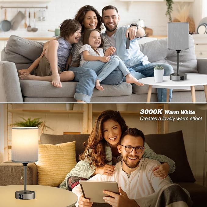 Small Bedside Table lamp for Bedroom - 3 Color Temperatures Bedside Lamps with USB Ports for Housewarming, Pull Chain Table Lamps with AC Outlet, Nightstand Lamps for Kids Reading - Bloomnest