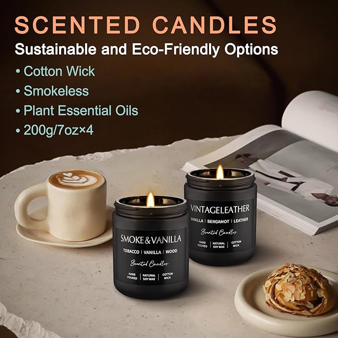 Scented Candles Gift Set - 4 Pack (7oz Each) Soy Wax Aromatherapy Candles with Essential Oils, Smokeless - Leather & Smoke, Vanilla Oakmoss, Lavender - Relaxing Fragrance for Home, Office, Yoga - Bloomnest