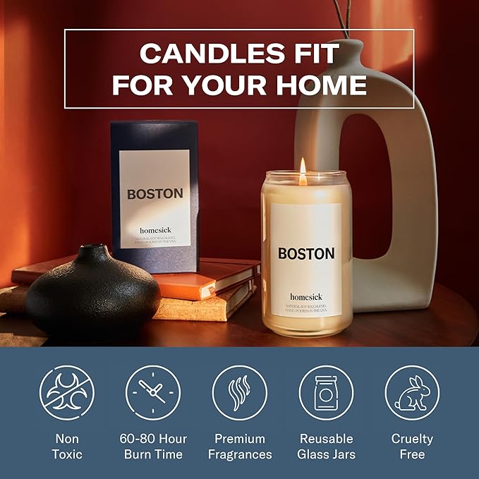Homesick Scented Candles for Home (Boston) - 13.75 oz Long-Lasting Soy Wax Jar Candle for Women & Men for All Occasions, 60-80 Hours Burn Time - Notes of Orange, Tea & Nutmeg - Bloomnest