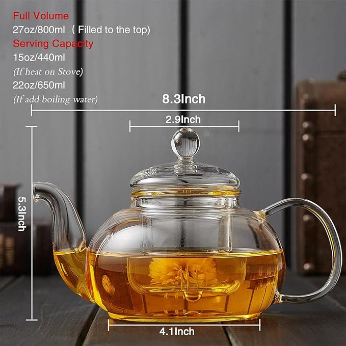Glass Teapot with Removable Clear Infuser, 27 oz/ 800 ml Stove Top & Microwave Safe Borosilicate Glass Kettle with Loose Leaf Tea Strainer For Flower Blooming Tea - Bloomnest