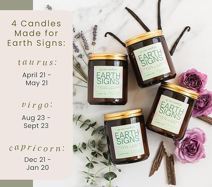 Taurus, Virgo, Capricorn Gifts for Women - Wood Wick Candles, 4 Pack Small Scented Candles Set for Women. 6oz Natural Soy Wax, Aromatherapy Set for Home. Zodiac Astrology Birthday Spiritual Gifts - Bloomnest