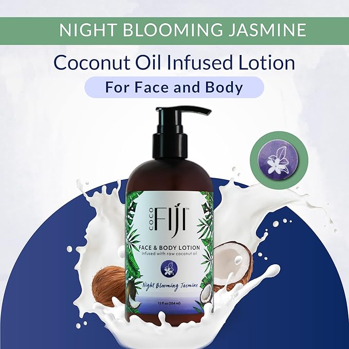 Coco Fiji Face & Body Lotion Infused With Coconut Oil | Lotion for Dry Skin | Moisturizer Face Cream & Massage Lotion for Women & Men | Night Blooming Jasmine 12 oz, Pack of 3 - Bloomnest