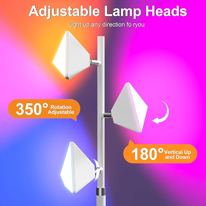 PARTPHONER RGB Tree Floor Lamp for Living Room, Stepless Dimmable Tall Standing Lamp with Remote, Touch Control and 3 Rotatable Light, Bright LED Lights for Bedroom with 4 Color-Changing, White - Bloomnest