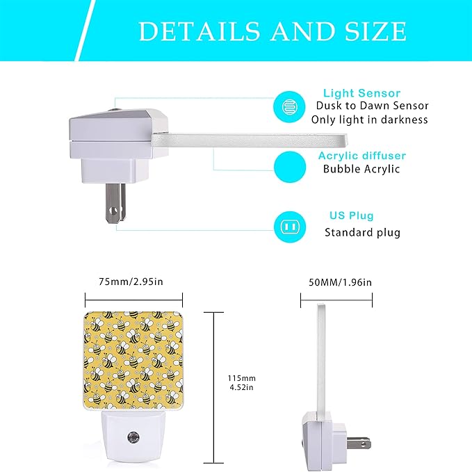 Bee Night Light,Cute Cartoon Bees Plug-in Night Lights with Dusk-to-Dawn Sensor for Bedroom, Bathroom and Living Room Sleep Friendly lamp for Women/Girls/Boys Gift,0.5W