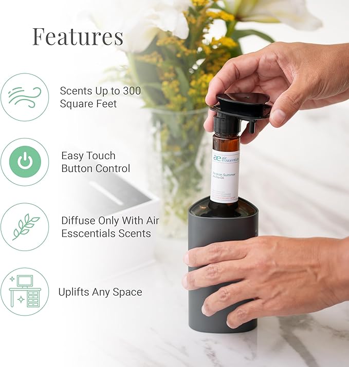 Air Esscentials The Mini Essential Oil Diffuser for Home, Waterless & Smart Portable Diffuser for Essential Oils, USB-C & Rechargeable with Adjustable Settings, Covers 300 Sq. Ft., Black - Bloomnest