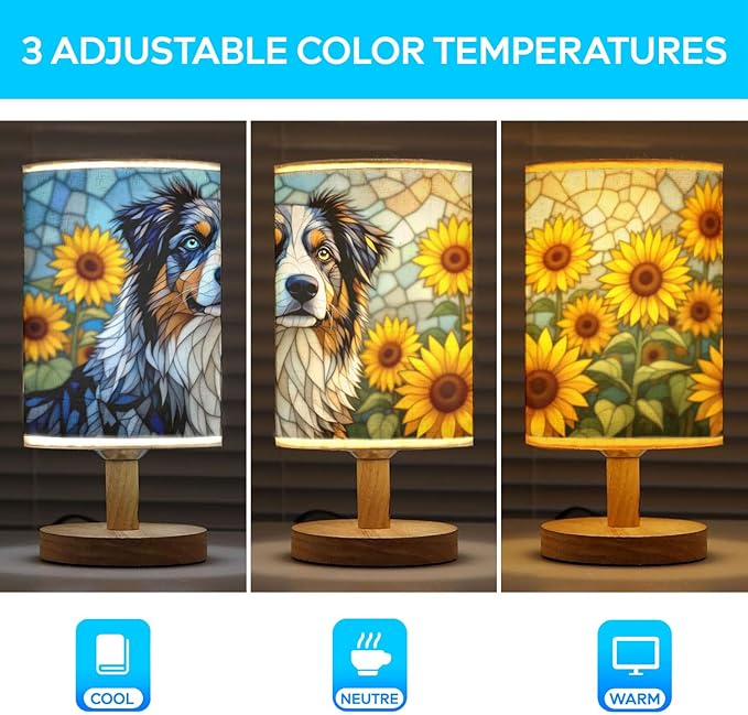 Australian Shepherd Table Lamp LED 3-Color Pressed Bedside, Dog Shade Lamp with Wood Base for Bedroom Living Room Desk Office - Bloomnest