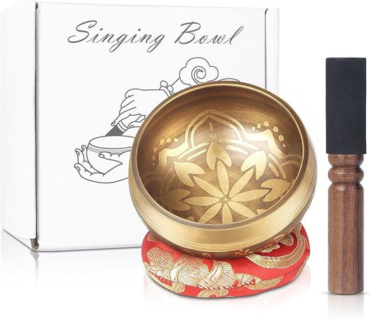 Kmise Tibetan Singing Bowls Set- Handmade in Nepal Meditation Sound Bowls for Yoga, Meditation, Mindfulness, Healing and Chakra Balancing, Stress Relief (3.5', Gold Flower) - Bloomnest