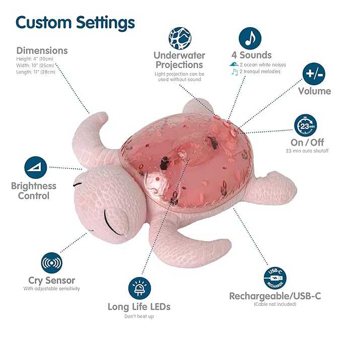 ﻿Cloud b Ocean Projector Nightlight with 2 White Noises & 2 Soothing Sounds | Adjustable Settings | Cry Sensor | Tranquil Turtle - Pink (Rechargeable) - Bloomnest