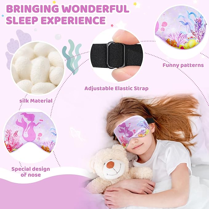 2 Pcs Sleep Mask for Kids Girls, Silk Eye Covers for Sleeping, Adjustable Strap & Light Blocking Design, Children's Bedtime Blindfold for Travel and Home Use (Mermaid) - Bloomnest