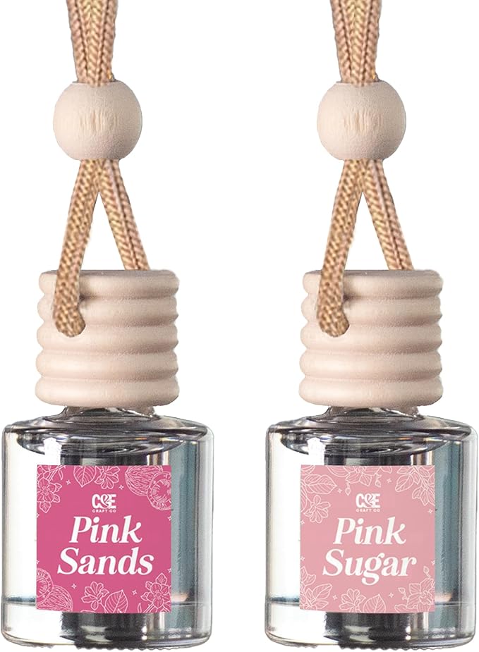 C&E Craft Co Hanging Car Air Freshener Diffuser 2 Pack, Long Lasting Fragrance Oil Car Freshener, Glass Bottle Auto Air Freshener, Made in USA (Pink Sugar + Pink Sands) - Bloomnest