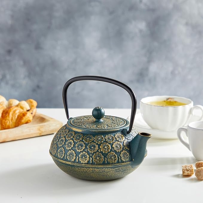 Juvale Cast Iron Tea Kettle with Infuser - 34 oz, Sage Green Floral - Loose Leaf Tea Infuser Pot & Japanese Cast Iron Teapot