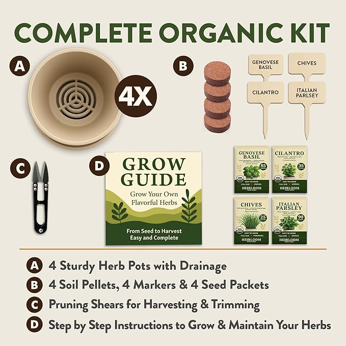 HOME GROWN Organic Herb Garden Kit – 4 Herb Seeds, Soil, Pots, Tools & Grow Guide – Grow Basil, Parsley, Cilantro & Thyme Indoors – USDA Organic, Non-GMO, Ideal Gift for Christmas & Thanksgiving