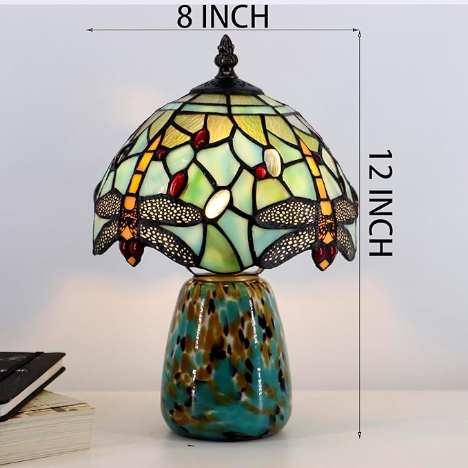 Tiffany Mushroom Table Lamp Dragonfly Style Blue Stained Glass Accent Lamp Brown Blue Glass Base 8X8X12 Inch - Bloomnest