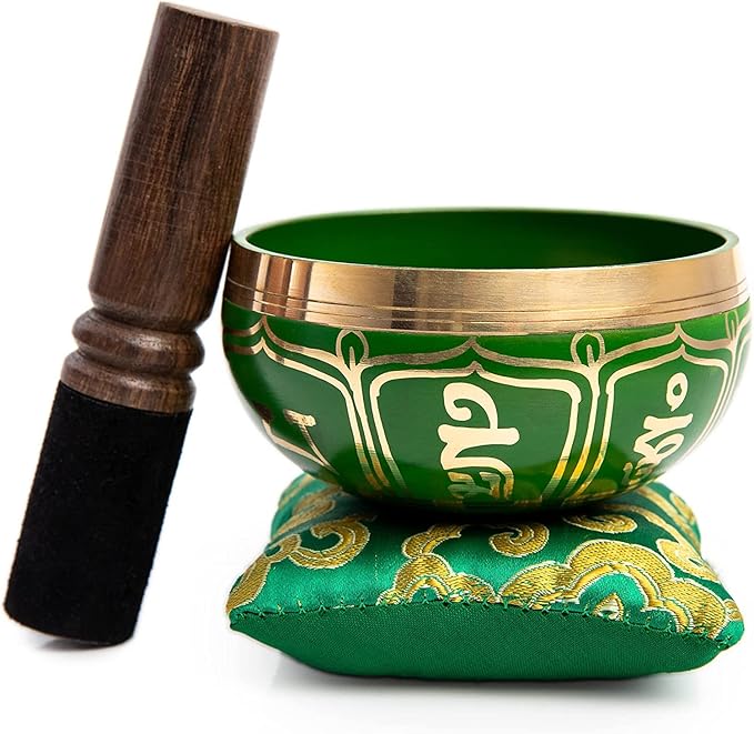 Tibetan Singing Bowl Set - Authentic Handcrafted Mindfulness Meditation Holistic Sound 7 Chakra Healing by Himalayan Bazaar (Emerald) - Bloomnest