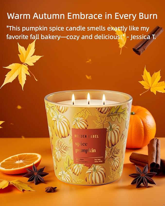 Hidden Label Pumpkin Spice Fall Candles, 3 Wick Large Scented Candle for Home, 30oz Natural Soy Candles for Home Scented,100 Hour Burn Time, Long Lasting Highly Scented Luxury Candle Gift - Bloomnest
