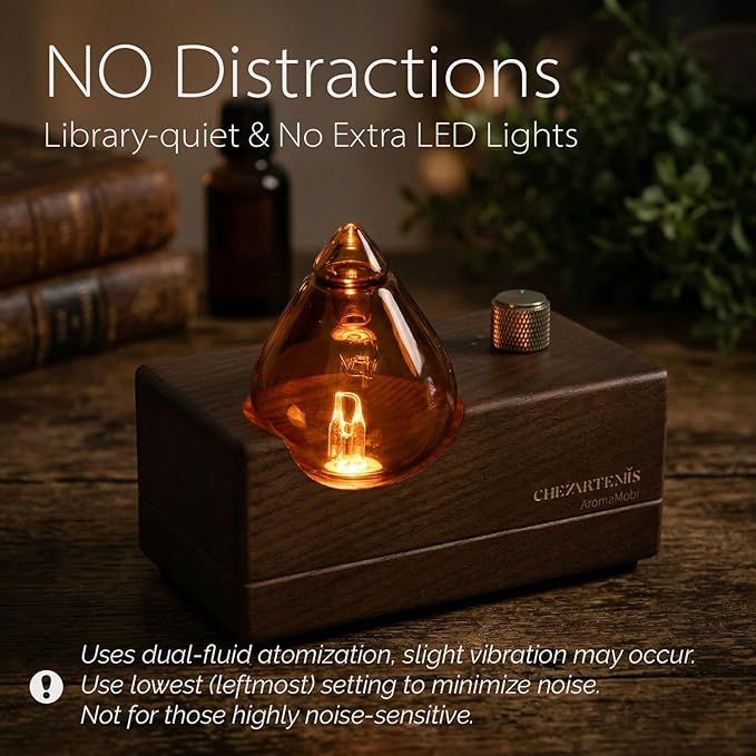 Amber Premium Glass Essential Oil Diffuser with Handmade Wood Base for Aromatherapy, Retro Waterless Scent Diffuser with Cool Mist, Rechargeable & Wireless Oil Nebulizer with LED & Timer, 2026 Model CHEZARTEMIS