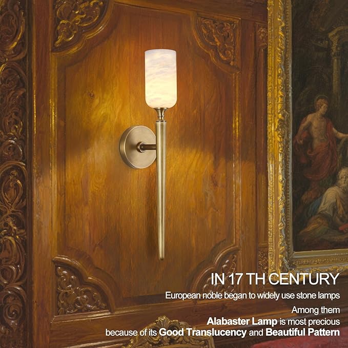 Alabaster Wall Sconce 22in Antique Brass Sconces Wall Lighting, Imported in Spain Natural Alabaster, Bathroom Sconce Gold Sconces Wall Decor, for Living Room Dining Room Hallway Bedside Staircase - Bloomnest
