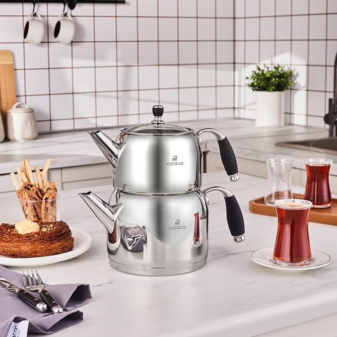 Karaca Stella Stainless Steel Turkish Teapot Set XL, 1L Tea Pot & 2L Water Tank (Kettle), Stove Top/Induction Compatible, Elegant Silver Color, Easy to Clean, Heat-Resistant Handles - Bloomnest