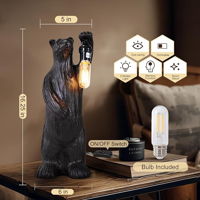 Scenekoy Bear Table Lamp for Living Room Bedroom, Memory Function, 3 Way Cycling Dimming, Resin Gothic Style Bedside Nightstand Lamps, Rustic Night Light Home Room Decor (Bulb Included) - Bloomnest