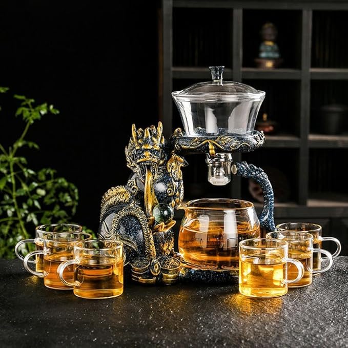 Glass Teapot Set with Infuser Semi Automatic Dragon Tea Set with 6 Small Cups (Blue golden dragon) - Bloomnest