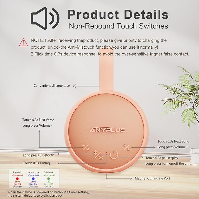 White Noise Sound Machine, Portable Sound Machine for Sleeping Adults & Baby, with Bluetooth 5.1/24 Soothing Sounds/Battery Powered/3 Timer Memory Function for Office/Bedroom/Travel（Orange）