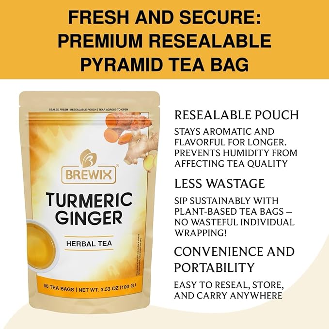 BREWIX, Turmeric Ginger Herbal Tea Bags (50 Pyramid Tea Bags) Caffeine-Free Ayurvedic Blend for Daily Wellness & Immune Balance | Daily Wellness Ritual | Gluten Free | Real Ingredients From India - Bloomnest