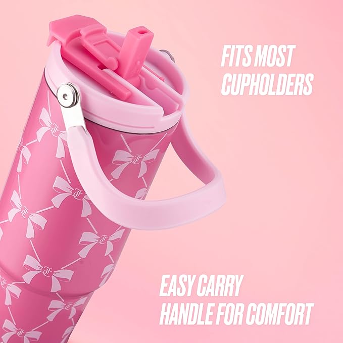 Juicy Couture Flip Fusion Hydration 40oz Stainless Steel Tumbler with Flip Handle, Pink Bows - Bloomnest