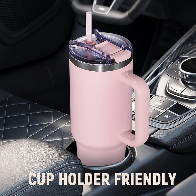 COKTIK 40 oz Tumbler With Handle and Straw Lid, Vacuum Insulated Travel Coffee Mug Stainless Steel Insulated Cup for Beverages, Leak-proof, Cupholder Friendly (Blush) - Bloomnest