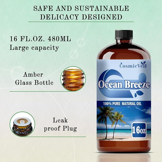 Ocean Breeze Essential Oil Fragrance Oil for Aroma Diffuser,Humidifier,Home Fragrance,Cleaning,Body Care,Massage,Yoga,DIY Candle,DIY Soap CosmicVeil（Ocean Breeze，16 Fl Oz (Pack of 1)） Cosmicveilessentialoil