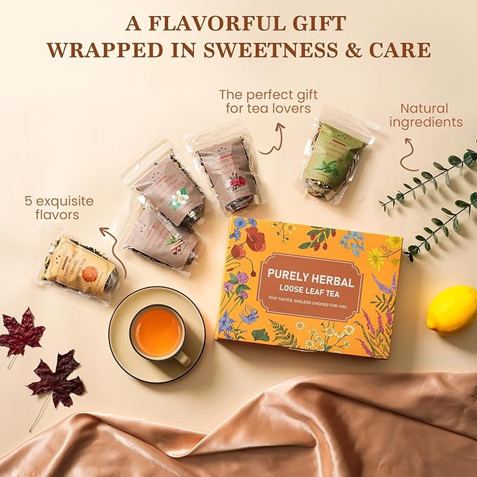 Loose Leaf Tea Sampler Assorted Flavored Tea Gift Set – 5 Natural Blends Relieving Stress & Great Gift For Tea Lovers- Herbal Tea Bags for Freshness, Up to 80 Cups