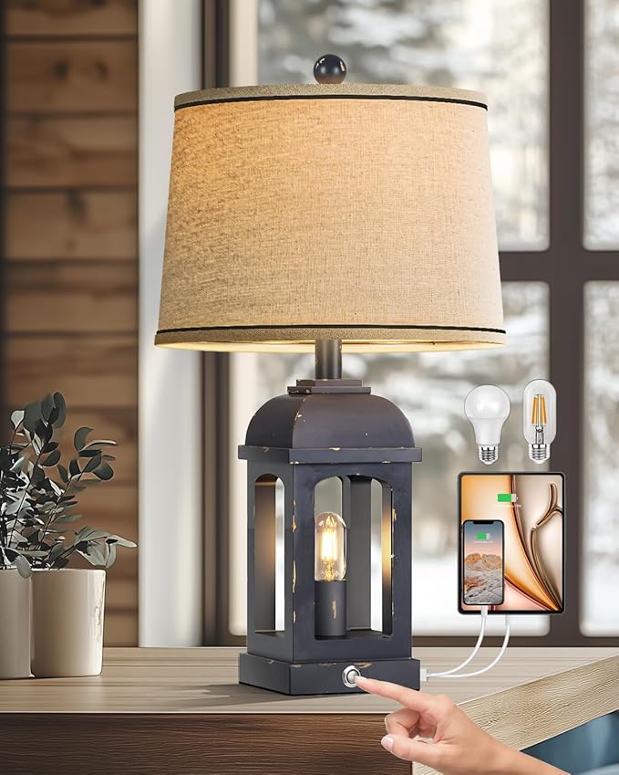 QiMH Table Lamp for Living Room, Farmhouse Lamps with USB A+C and Nightlight, 26" Rustic Bedside Lamps with 3-Way Dimmable Touch Control, Nightstand Lamp for Bedroom, Shabby Grey, 1 Pack - Bloomnest